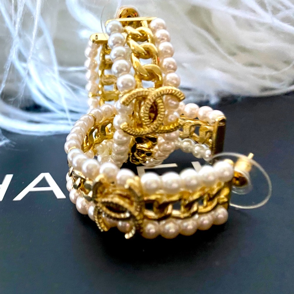 Chanel pearl hoop earrings